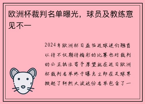 欧洲杯裁判名单曝光，球员及教练意见不一